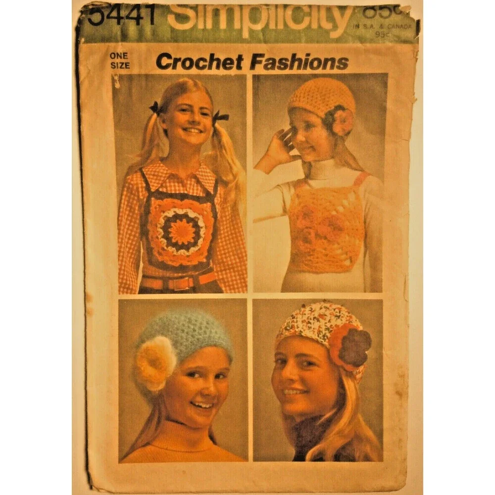 Vintage 1972 Simplicity Crochet Pattern Childs' Vest & Hat OS Ages 6-12 #5441